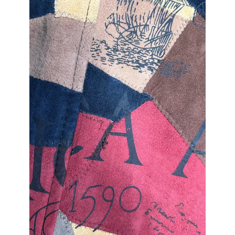 Vintage African Star Suede Leather Coat Map Print Oversized Long Jacket Boho - Picture 12 of 14